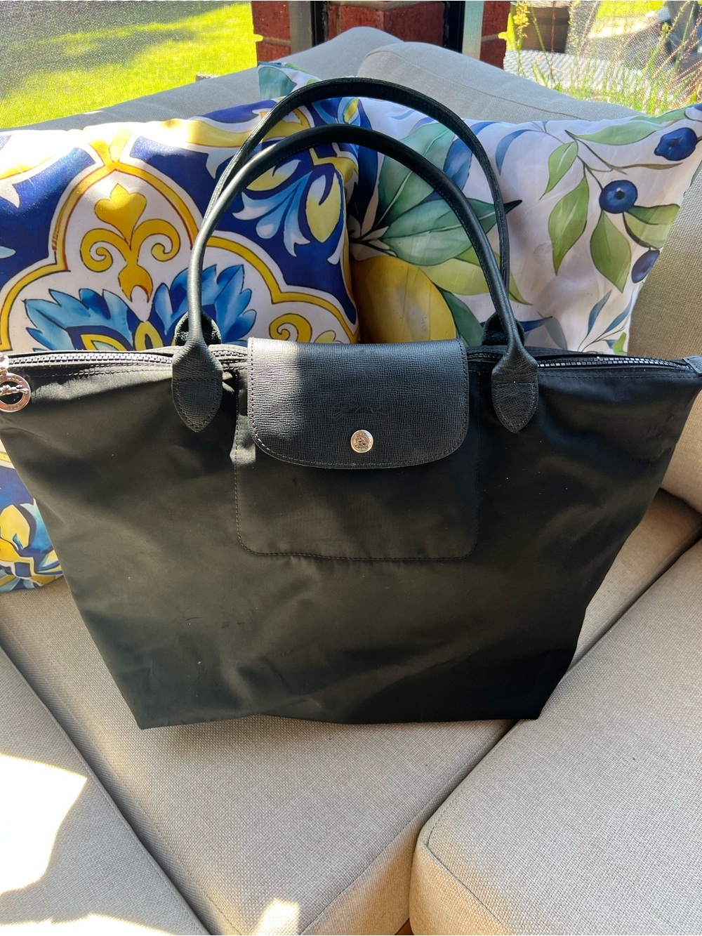 Longchamp Le Pliage Large Shoulder Tote Bag - Black Nylon & Leather